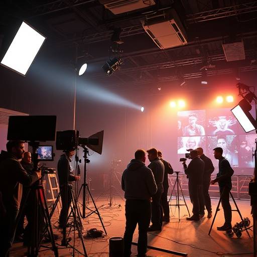 A film crew setting up lighting equipment on a movie set