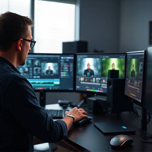 A video editor working on a computer with video editing software and multiple monitors