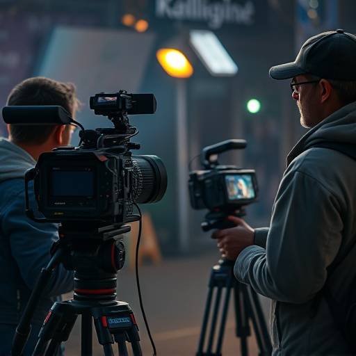 Crew filming a scene with professional video equipment