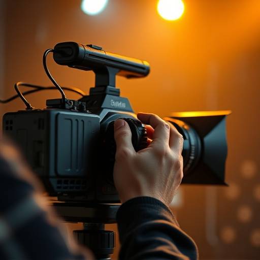 Hands operating a professional video camera during a film shoot