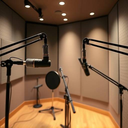 Interior of a podcast recording studio with microphones and soundproofing