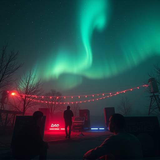 Music video scene for 'Aurora Lights' by indie band The Lunar Echoes, with atmospheric lighting and visual effects.