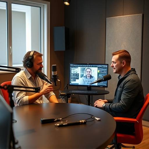 Podcast recording setup for 'Tech Talk Today,' featuring two hosts discussing the latest tech trends.