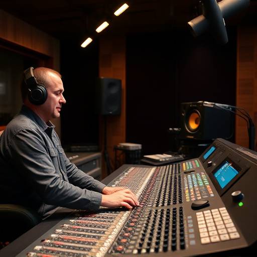 Sound engineer working on an audio mixing console in a recording studio