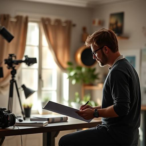 Two people collaborating on a script for a short film in a creative office space